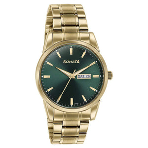 Sonata Quartz Analog with Day and Date Green Dial Golden Stainless Steel Strap Watch For Men