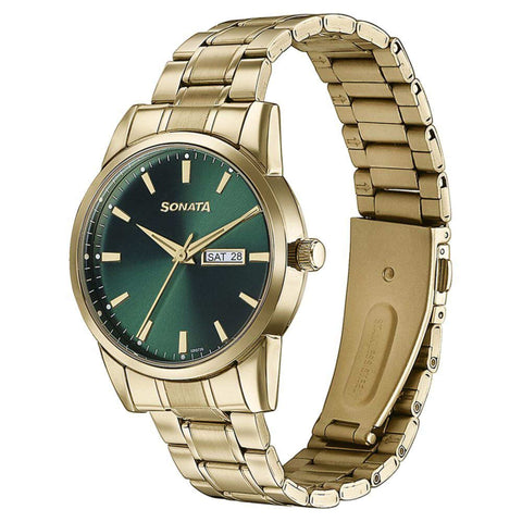 Sonata Quartz Analog with Day and Date Green Dial Golden Stainless Steel Strap Watch For Men