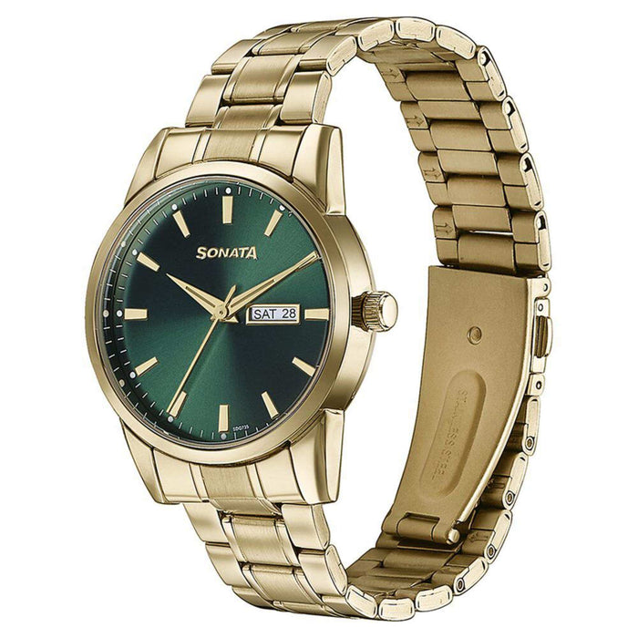 Sonata Quartz Analog with Day and Date Green Dial Golden Stainless Steel Strap Watch For Men