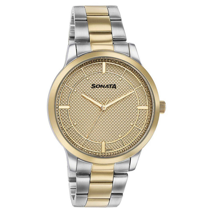 Sonata Quartz Analog Golden Dial Two Toned Stainless Steel Strap Watch For Men