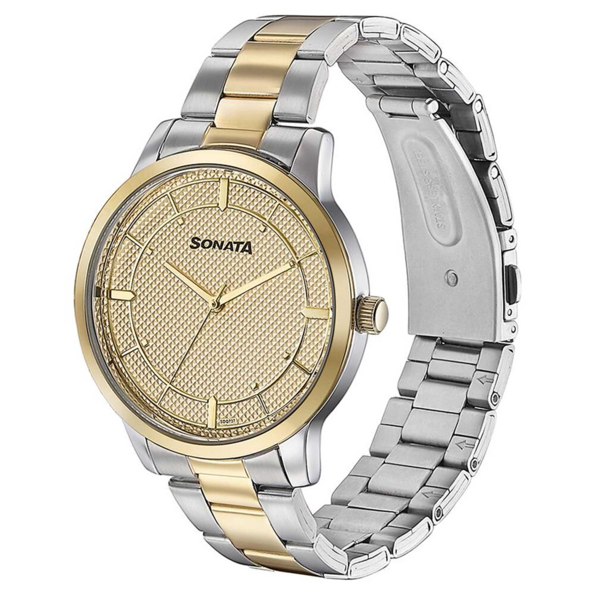 Sonata Quartz Analog Golden Dial Two Toned Stainless Steel Strap Watch For Men