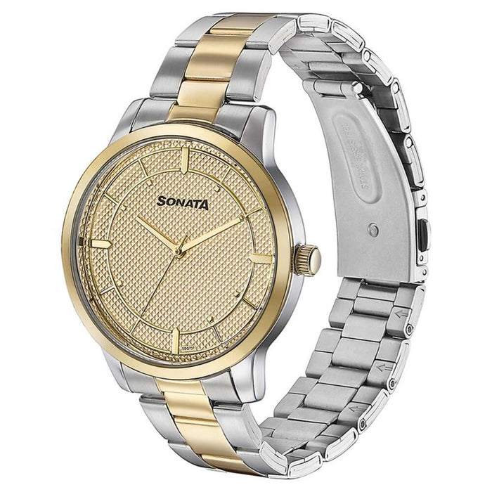 Sonata Quartz Analog Golden Dial Two Toned Stainless Steel Strap Watch For Men