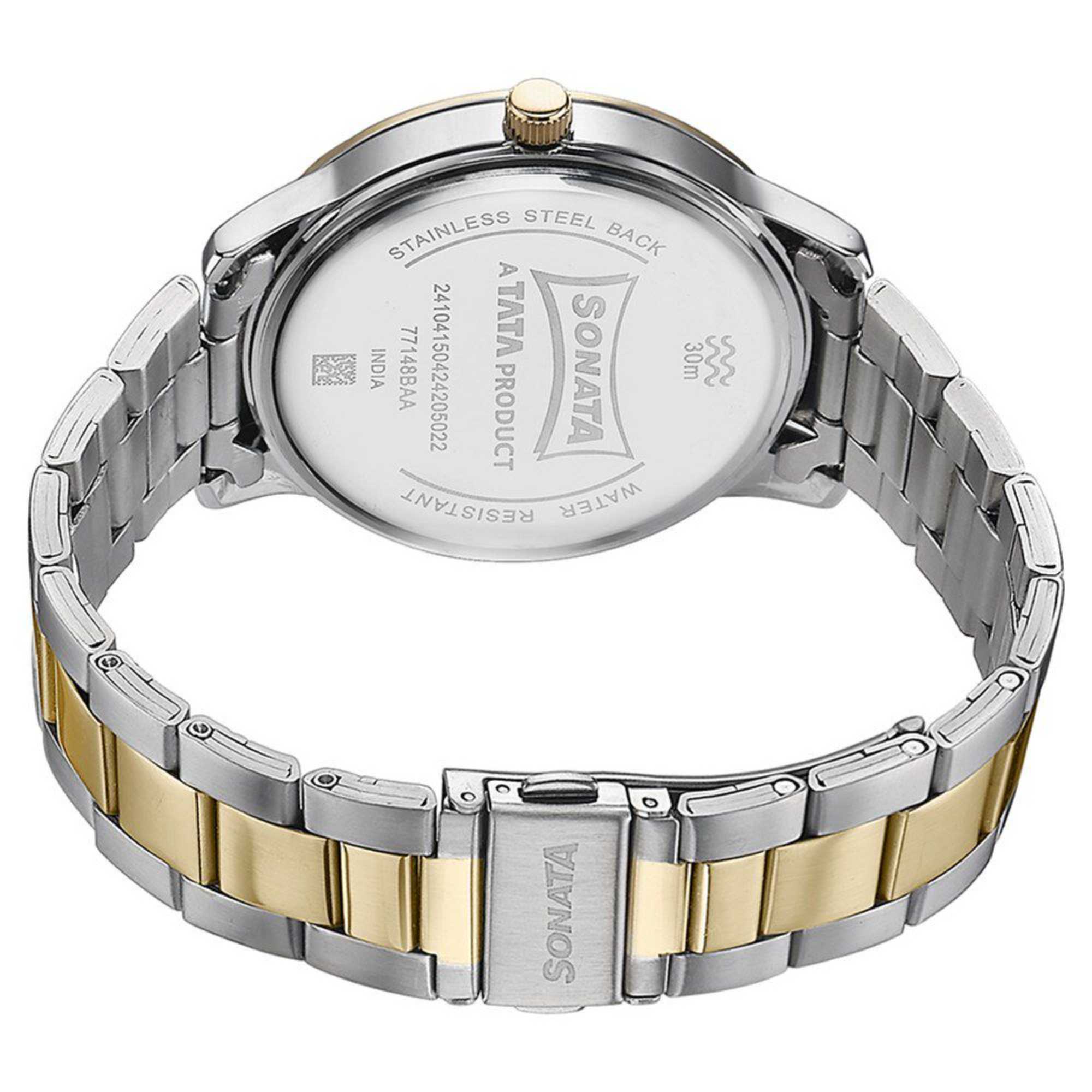 Sonata Quartz Analog Golden Dial Two Toned Stainless Steel Strap Watch For Men