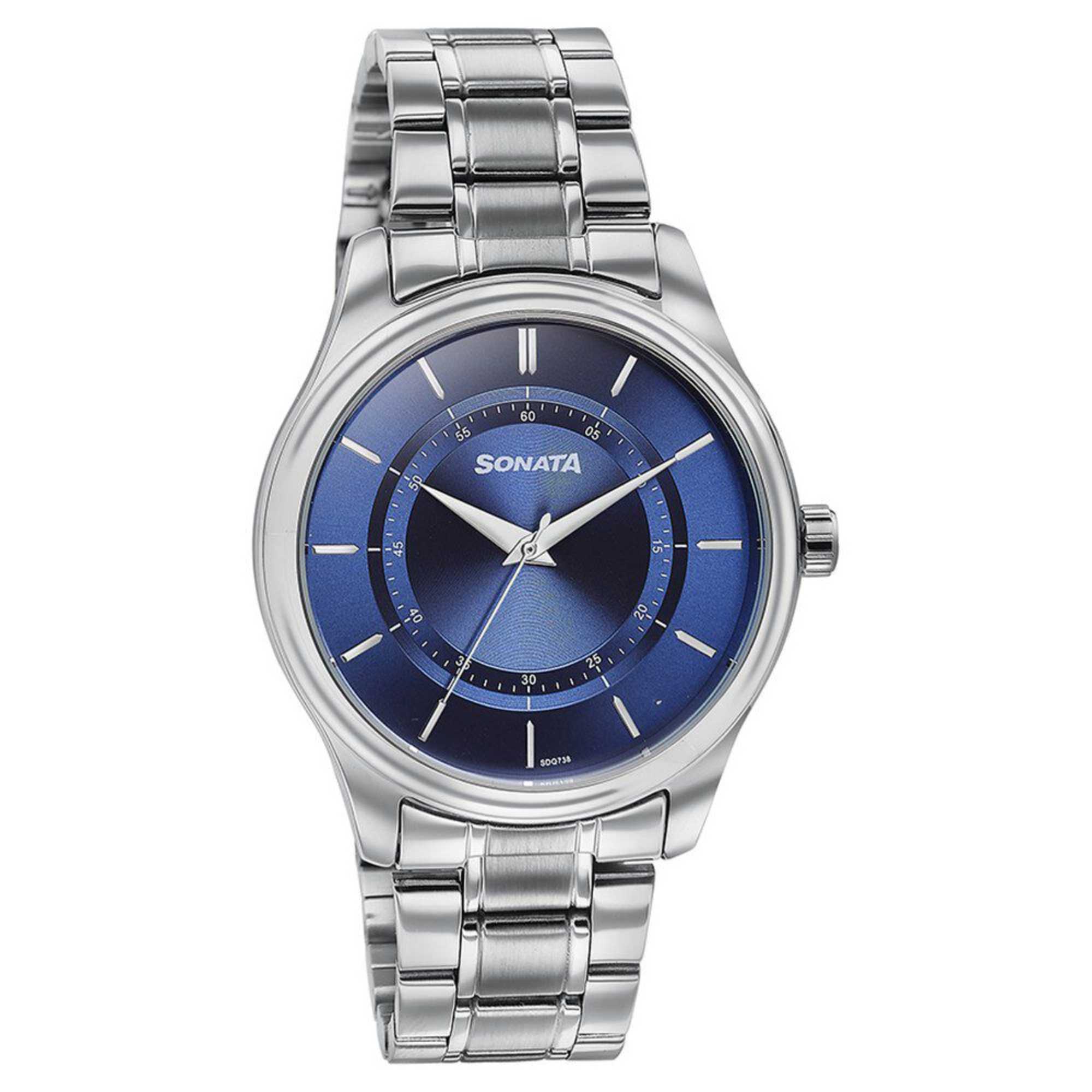 Sonata Quartz Analog Blue Round Dial Silver Stainless Steel Strap Watch For Men