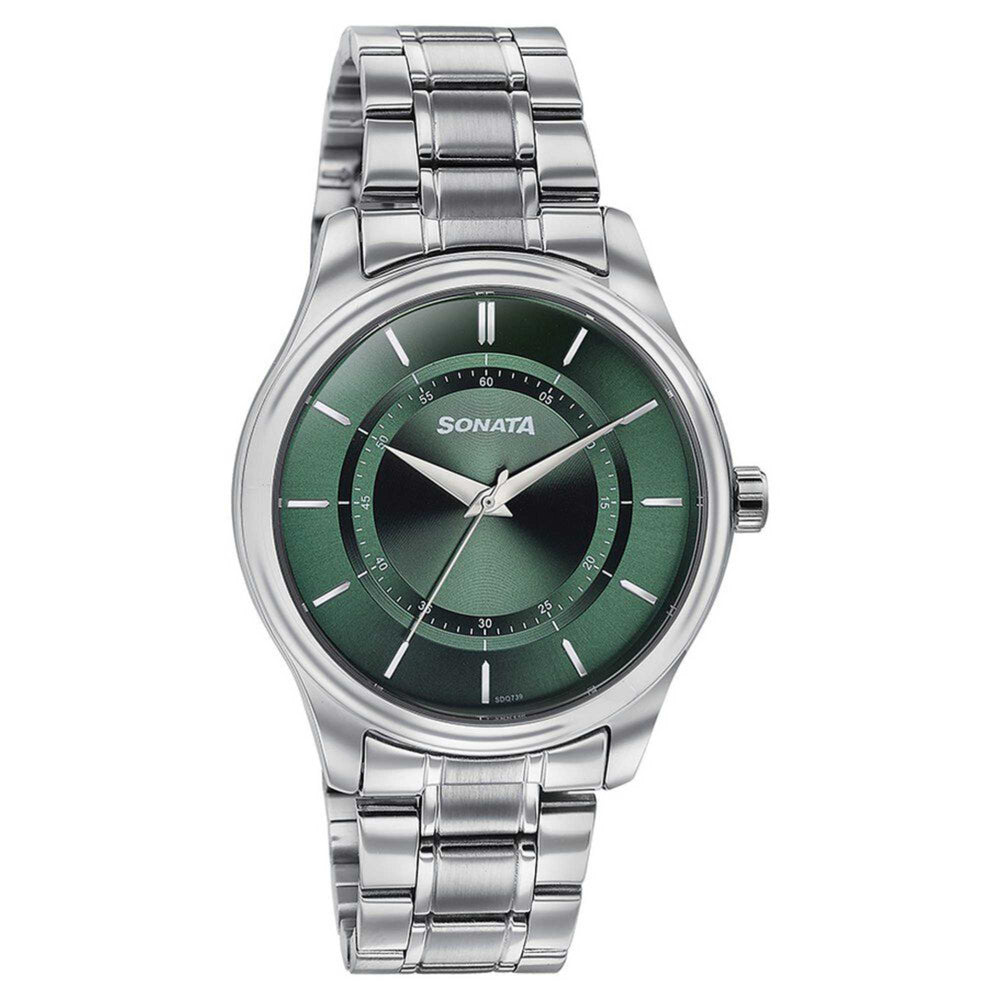 Sonata Quartz Analog Green Dial Silver Stainless Steel Strap Watch For Men