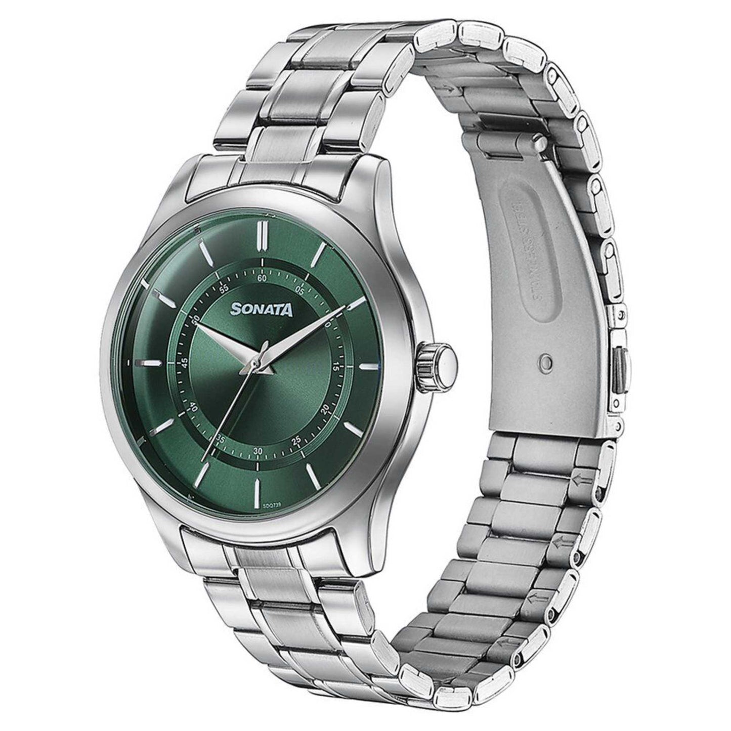 Sonata Quartz Analog Green Dial Silver Stainless Steel Strap Watch For Men