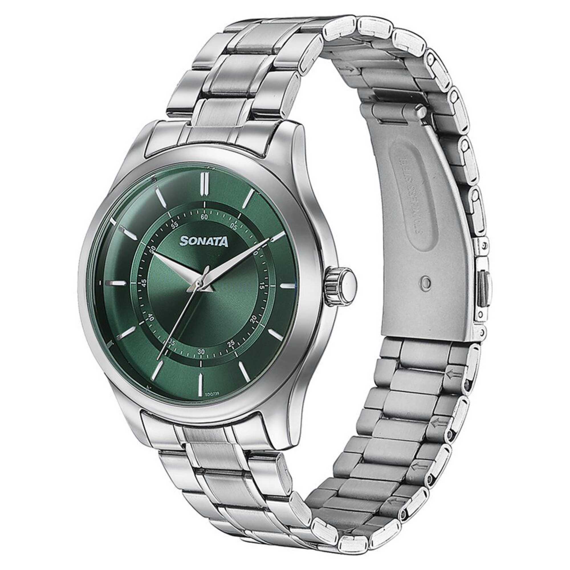 Sonata Quartz Analog Green Dial Silver Stainless Steel Strap Watch For Men