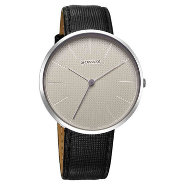 Sonata Grey Dial Black Leather Strap Analog Watch for Men