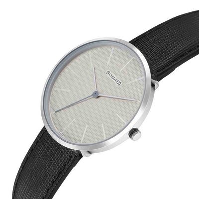 Sonata Grey Dial Black Leather Strap Analog Watch for Men