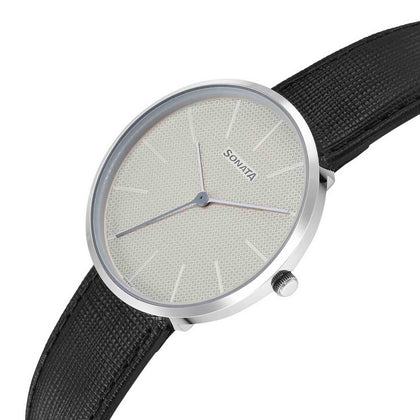 Sonata Grey Dial Black Leather Strap Analog Watch for Men