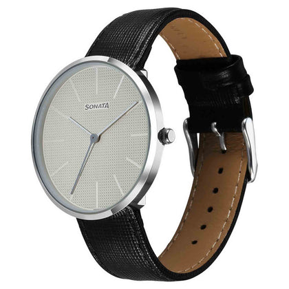 Sonata Grey Dial Black Leather Strap Analog Watch for Men