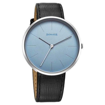 Sonata Blue Dial Black Leather Strap Analog Watch for Men