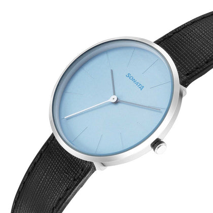 Sonata Blue Dial Black Leather Strap Analog Watch for Men