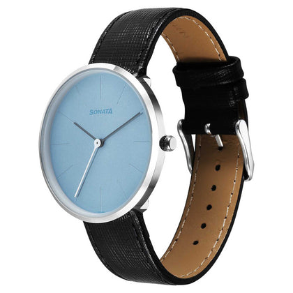 Sonata Blue Dial Black Leather Strap Analog Watch for Men