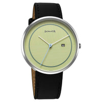 Sonata Green Dial Black Leather Strap Analog with Date Watch for Men