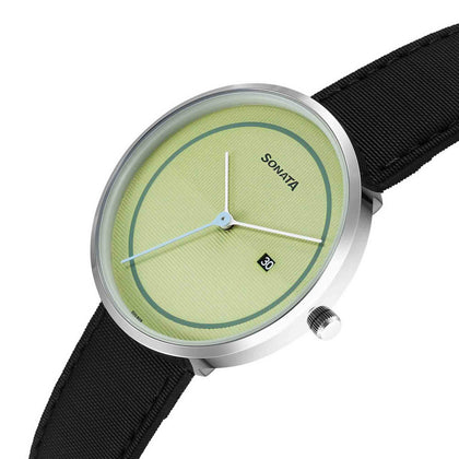 Sonata Green Dial Black Leather Strap Analog with Date Watch for Men