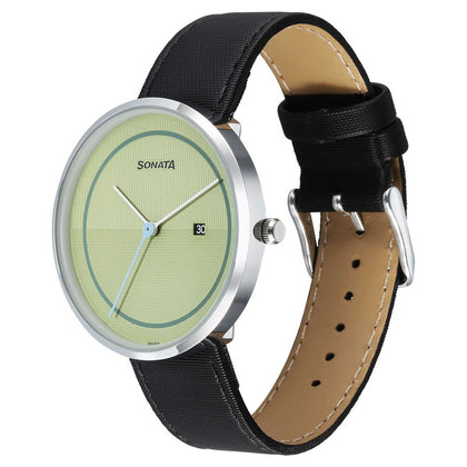 Sonata Green Dial Black Leather Strap Analog with Date Watch for Men
