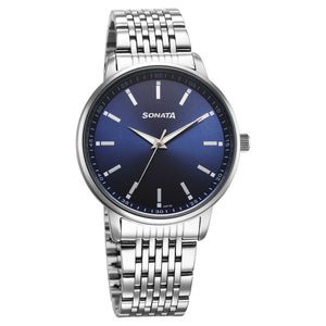 Sonata Fashion Blue Dial Silver Stainless Steel Strap Analog Watch For Men