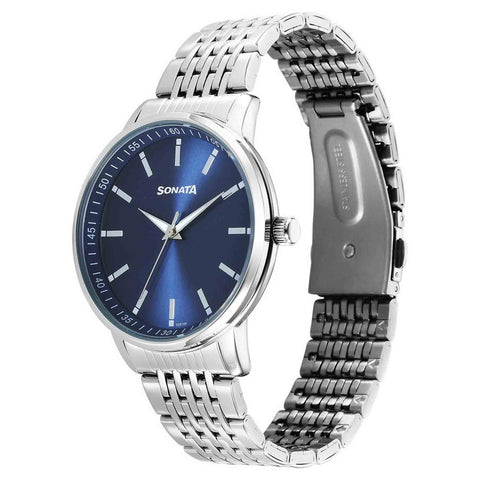 Sonata Fashion Blue Dial Silver Stainless Steel Strap Analog Watch For Men
