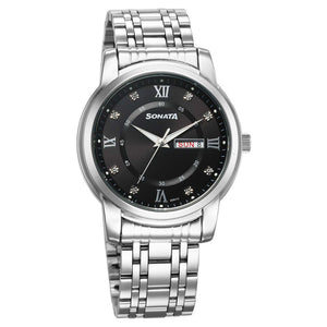 Sonata Fashion Black Dial Silver Stainless Steel Strap Analog Watch For Men