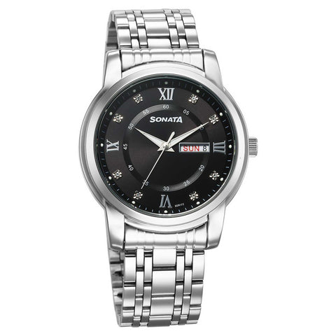 Sonata Fashion Black Dial Silver Stainless Steel Strap Analog Watch For Men