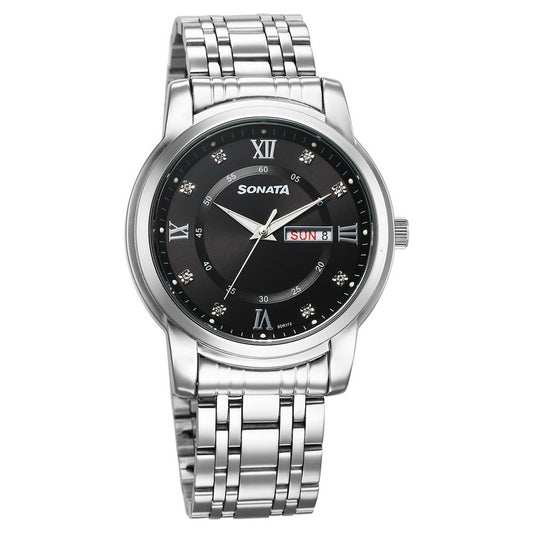 Sonata Fashion Black Dial Silver Stainless Steel Strap Analog Watch For Men