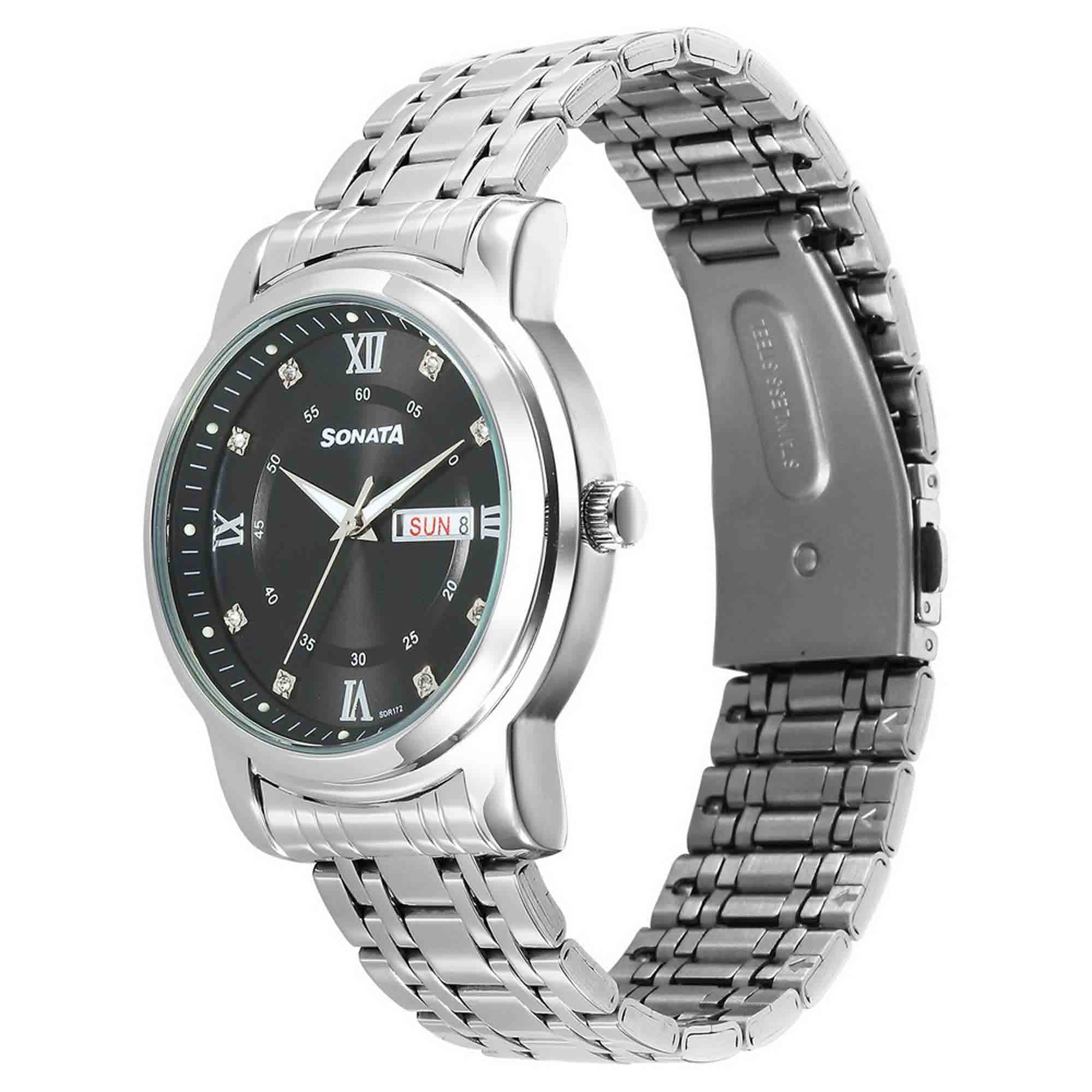 Sonata Fashion Black Dial Silver Stainless Steel Strap Analog Watch For Men