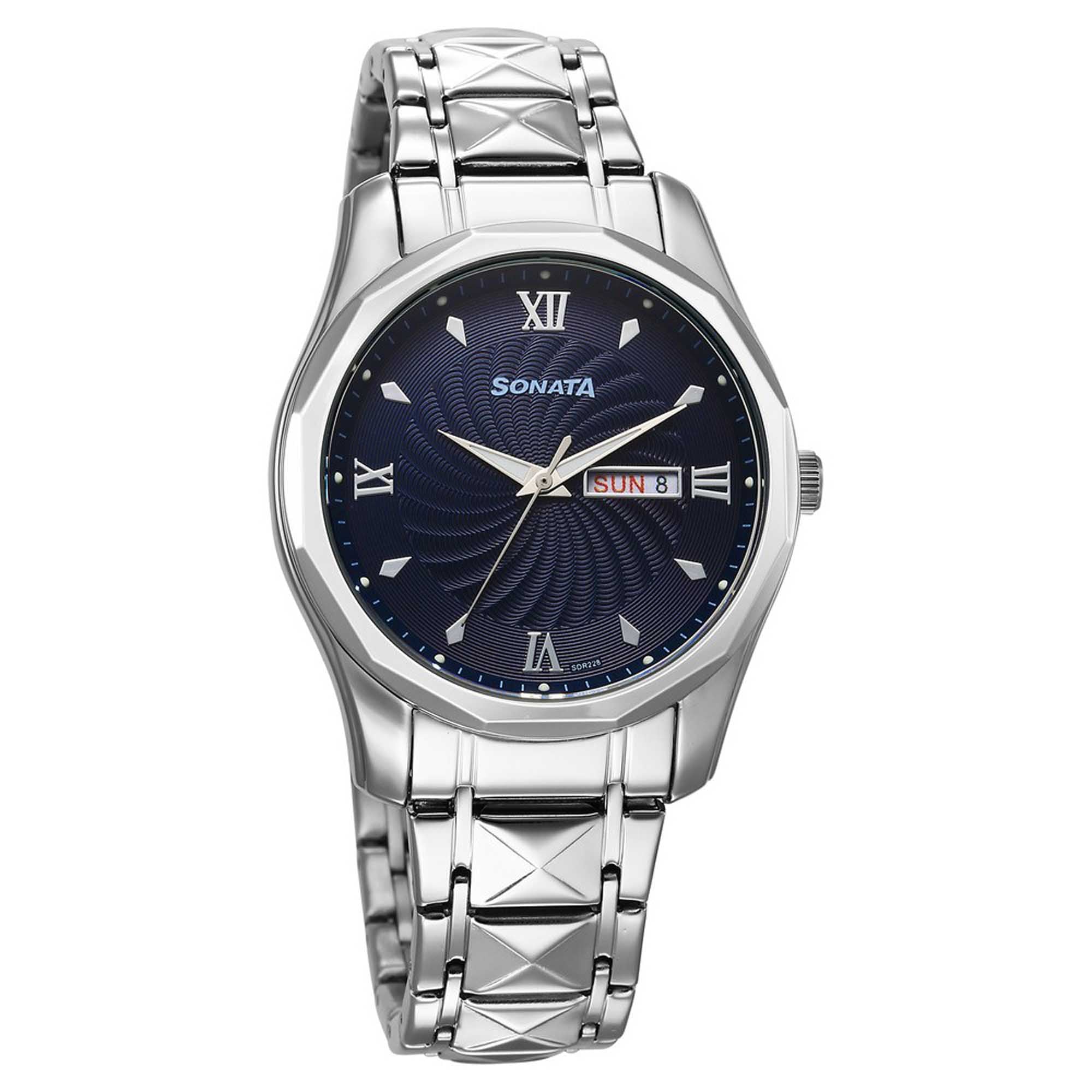 Sonata Fashion Blue Dial Silver Stainless Steel Strap Analog Watch For Men