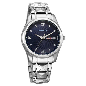 Sonata Fashion Blue Dial Silver Stainless Steel Strap Analog Watch For Men