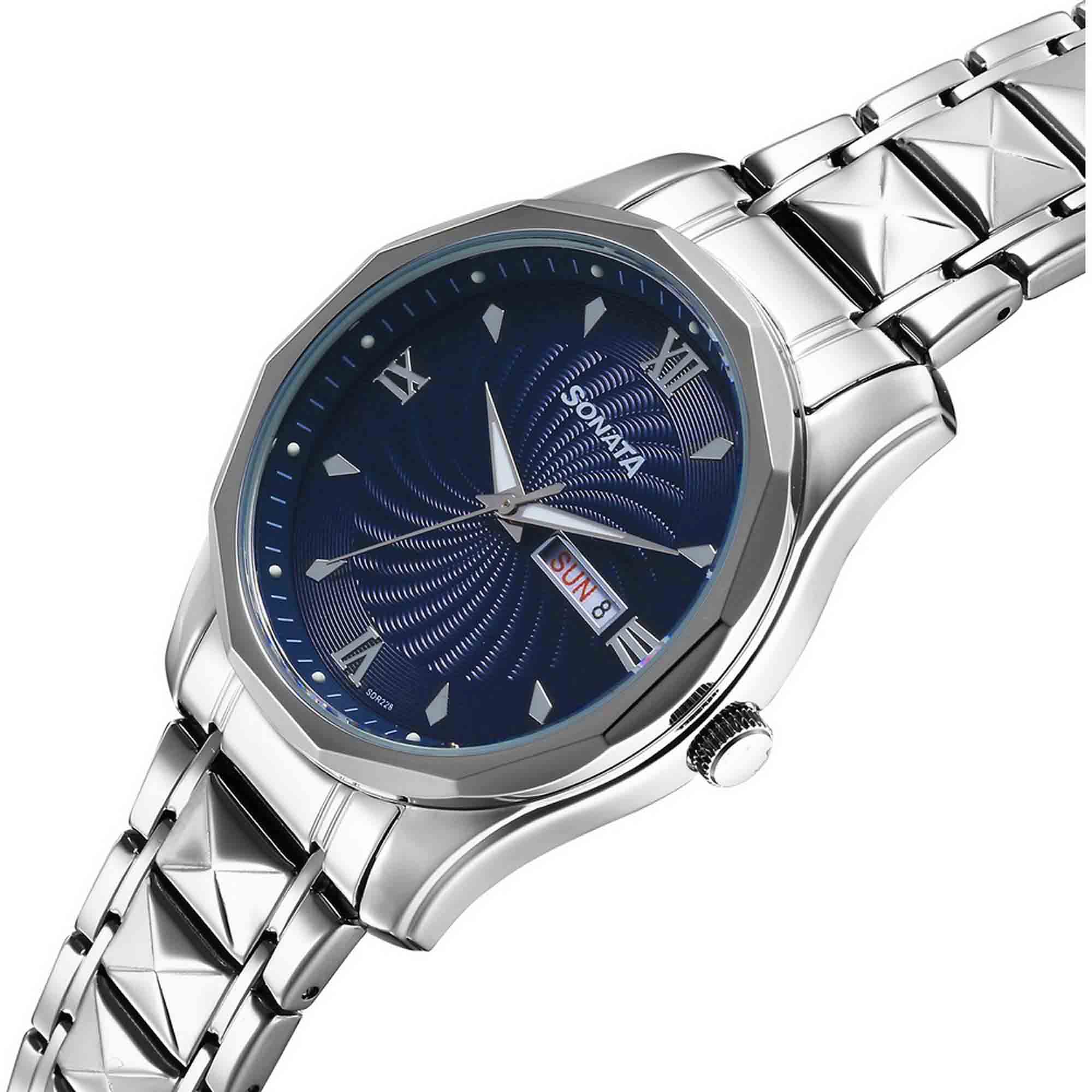 Sonata Fashion Blue Dial Silver Stainless Steel Strap Analog Watch For Men