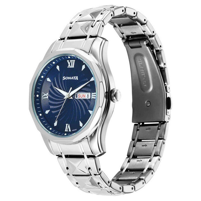 Sonata Fashion Blue Dial Silver Stainless Steel Strap Analog Watch For Men