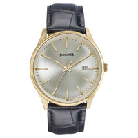 Sonata Fashion Golden Dial Black Leather Strap Analog with Date Watch for Men