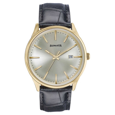 Sonata Fashion Golden Dial Black Leather Strap Analog with Date Watch for Men