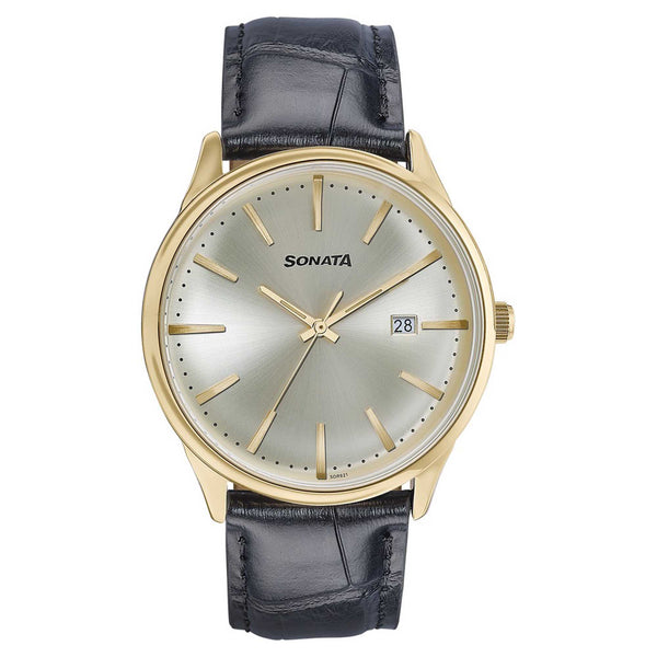 Sonata Fashion Golden Dial Black Leather Strap Analog with Date Watch for Men