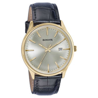 Sonata Fashion Golden Dial Black Leather Strap Analog with Date Watch for Men