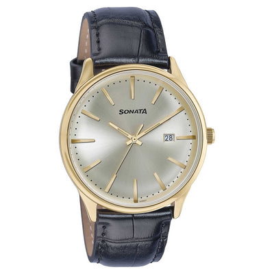 Sonata Fashion Golden Dial Black Leather Strap Analog with Date Watch for Men