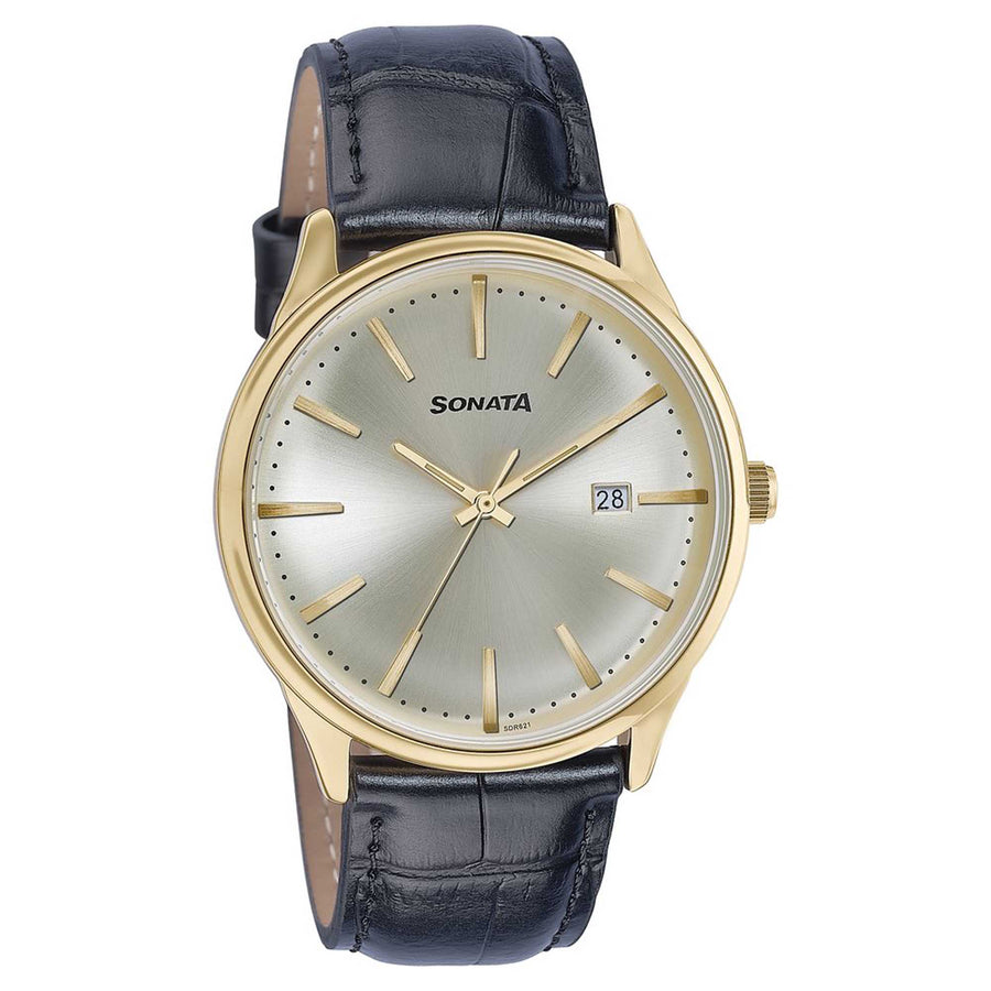 Sonata Fashion Golden Dial Black Leather Strap Analog with Date Watch for Men