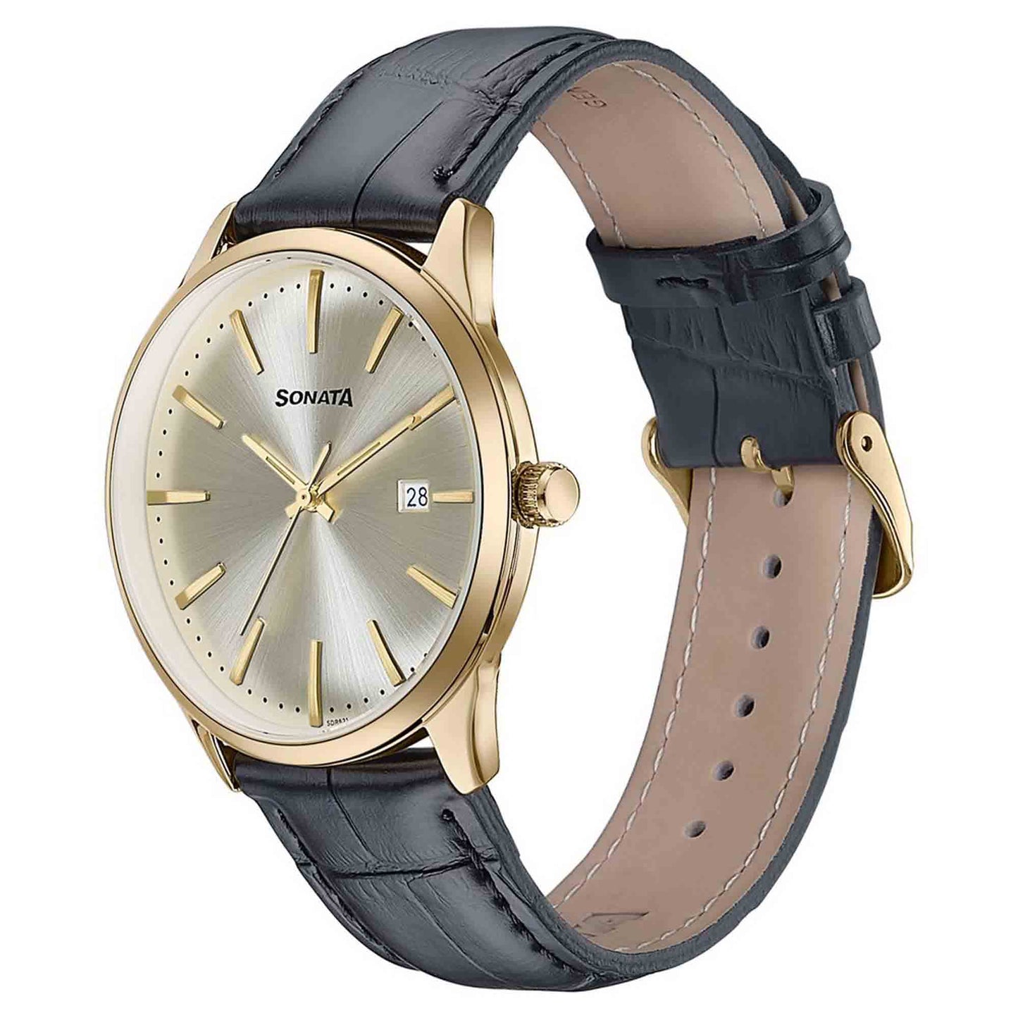Sonata Fashion Golden Dial Black Leather Strap Analog with Date Watch for Men