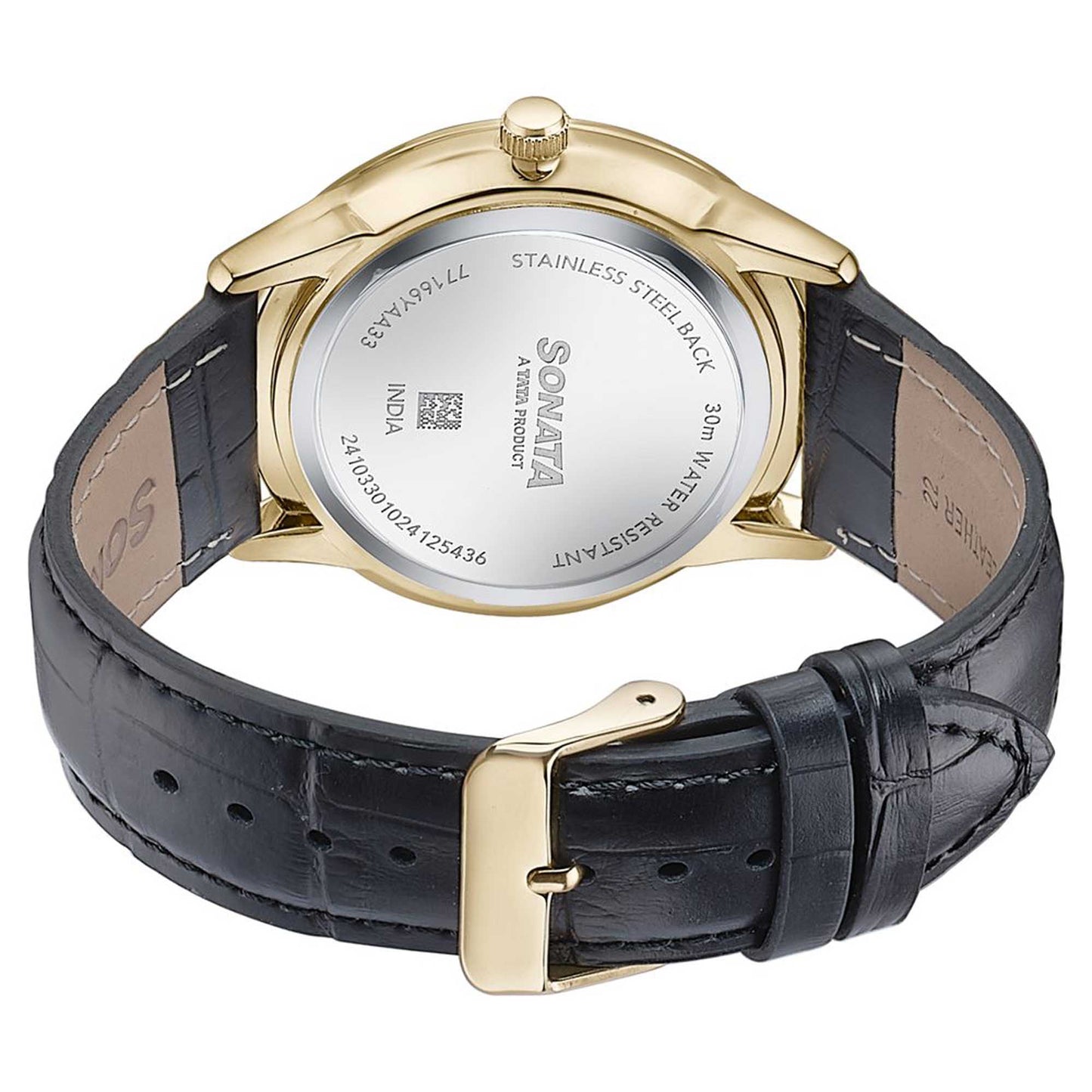 Sonata Fashion Golden Dial Black Leather Strap Analog with Date Watch for Men