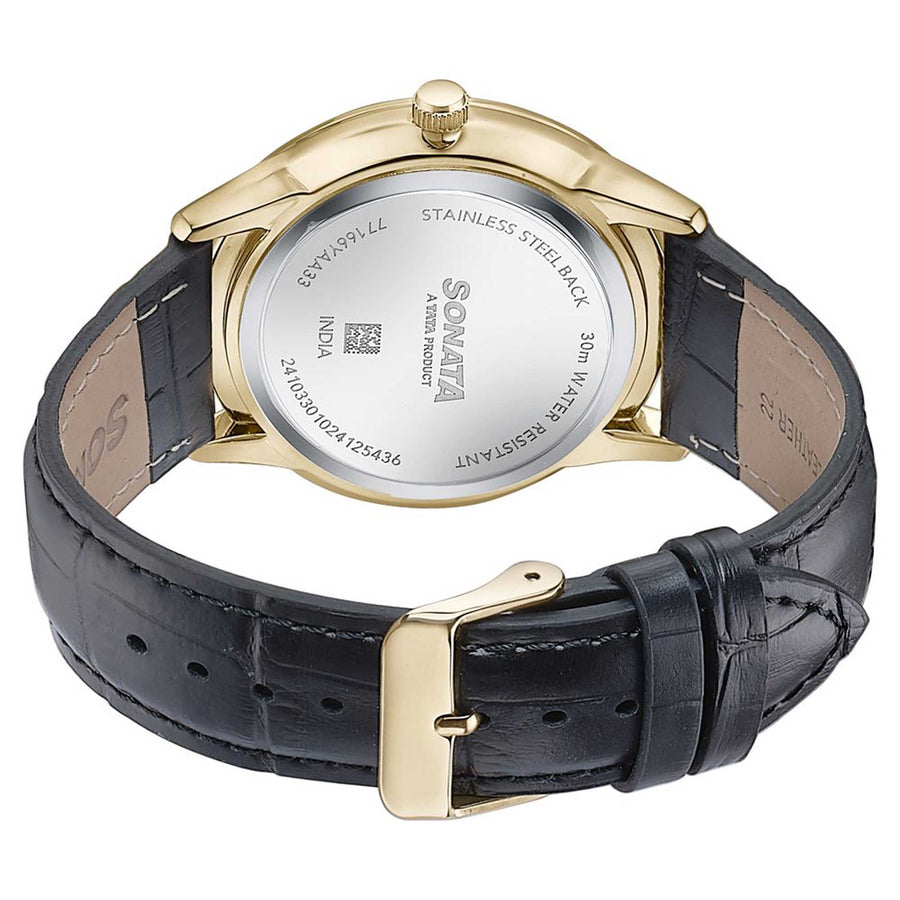 Sonata Fashion Golden Dial Black Leather Strap Analog with Date Watch for Men