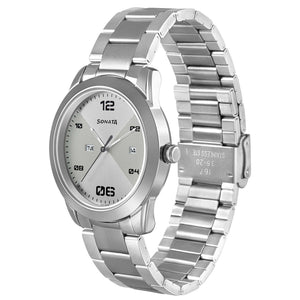 Sonata Quartz Analog with Day and Date Silver Dial Stainless Steel Strap Watch for Men
