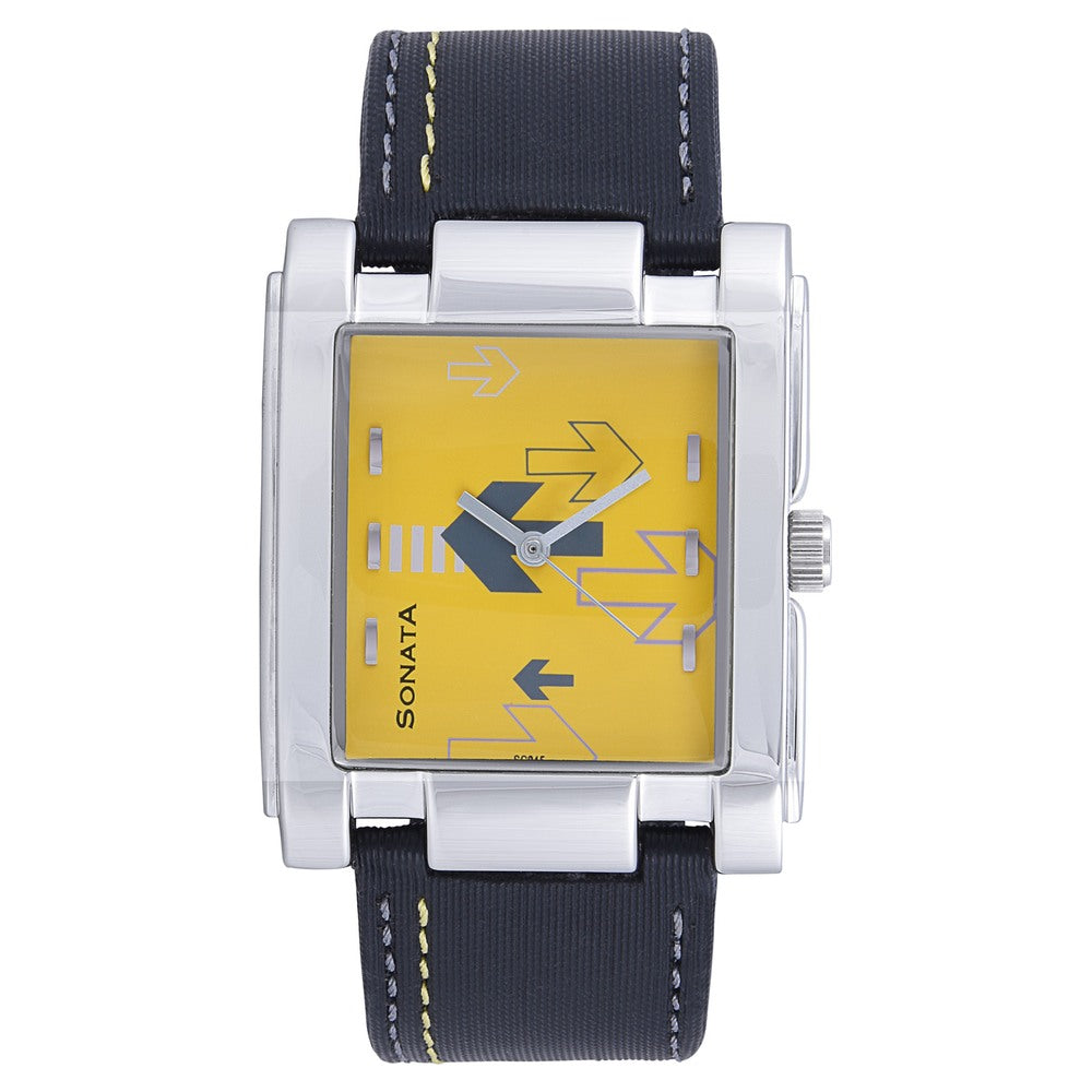 Sonata Quartz Analog Yellow Dial Leather Strap Watch for Men