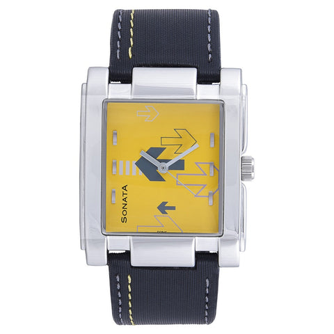 Sonata Quartz Analog Yellow Dial Leather Strap Watch for Men