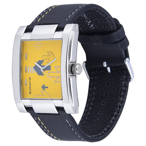 Sonata Quartz Analog Yellow Dial Leather Strap Watch for Men