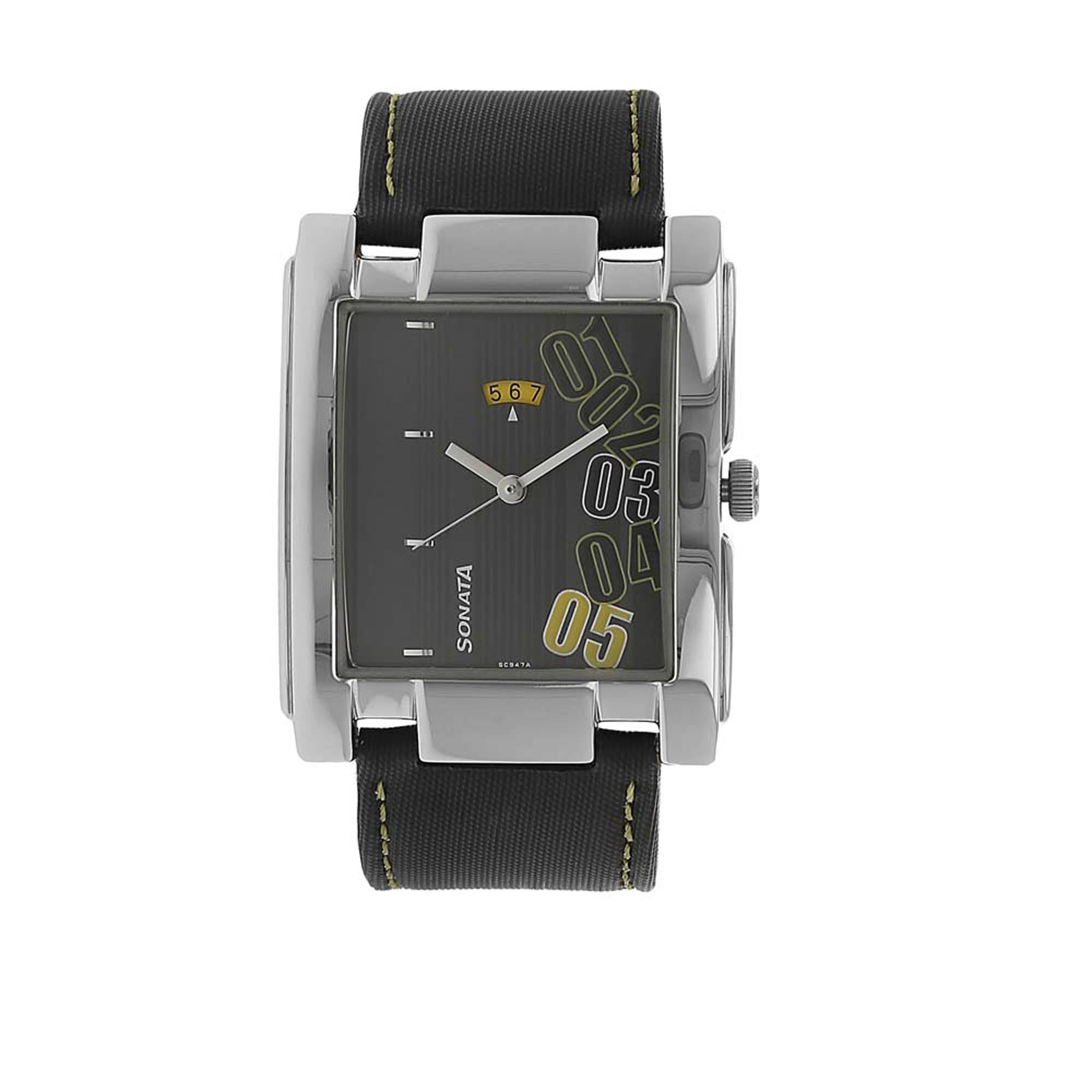 Sonata Quartz Analog with Date Black Dial Leather Strap Watch for Men