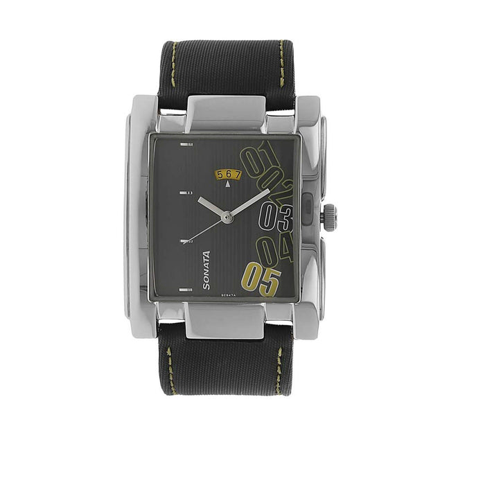 Sonata Quartz Analog with Date Black Dial Leather Strap Watch for Men