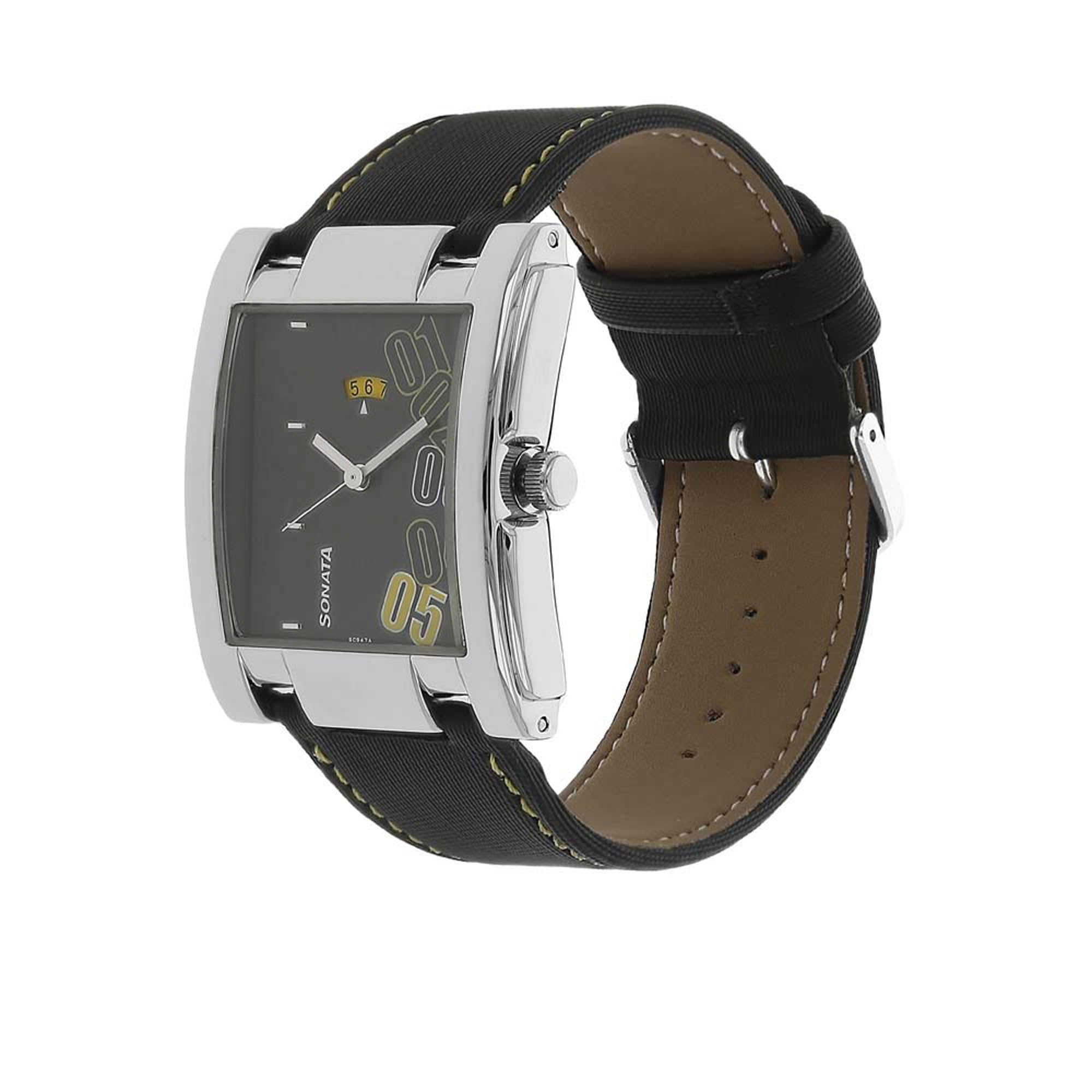 Sonata Quartz Analog with Date Black Dial Leather Strap Watch for Men