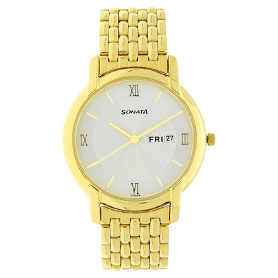 Sonata Quartz Analog with Day and Date White Dial Stainless Steel Strap Watch for Men