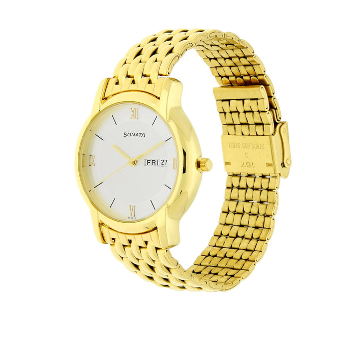 Sonata Quartz Analog with Day and Date White Dial Stainless Steel Strap Watch for Men