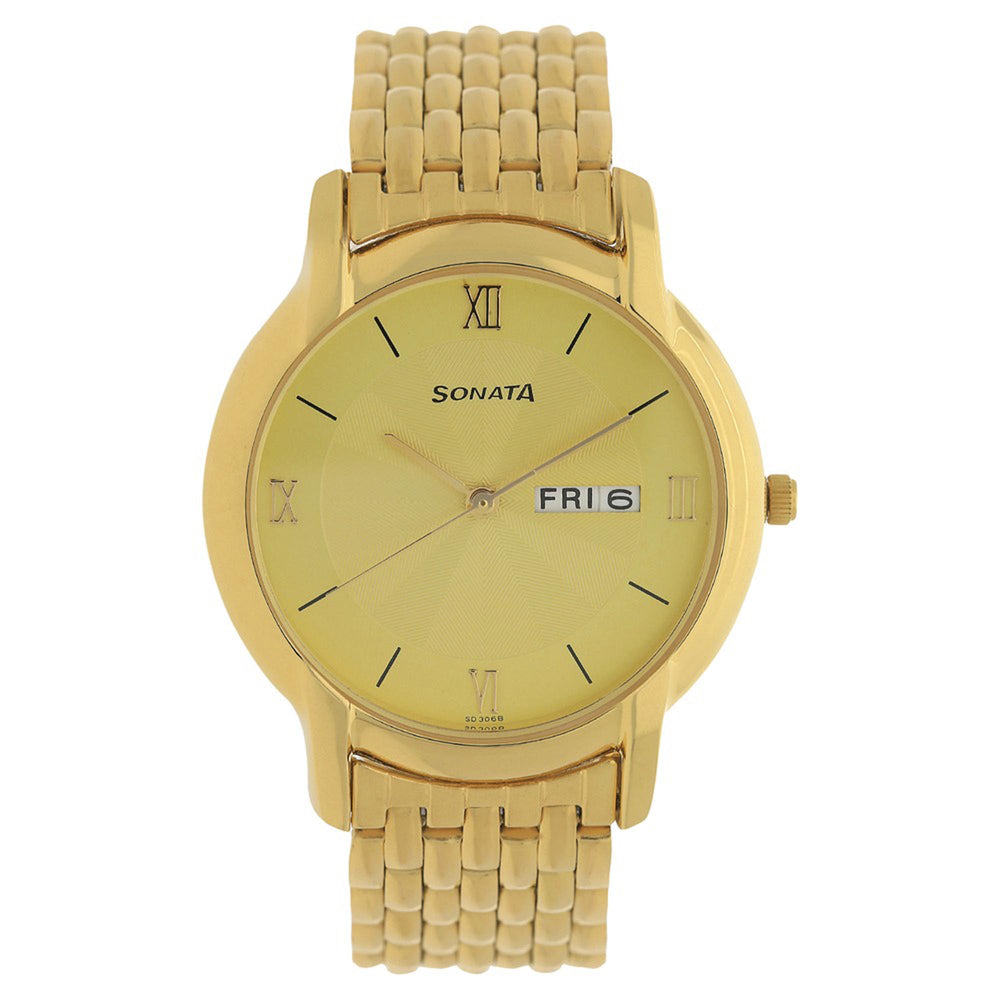 Sonata Quartz Analog with Day and Date Champagne Dial Metal Strap Watch for Men